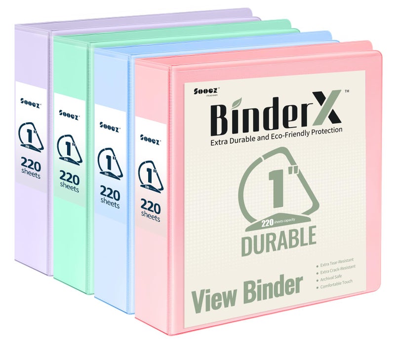 Sooez BinderX Extra Durable 4 Pack 1 Inch 3 Ring Binder, D-Ring Large Binder, Holds 880 Sheets of 8.5x11 Paper, Customizable View Cover with Inside Pocket, Pastels - Image 1